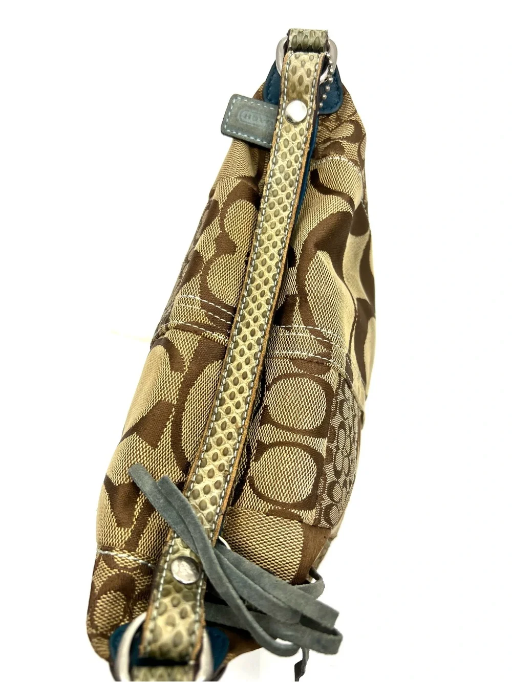 Coach Signature Vintage Y2K Patchwork Hobo Handbag Brown Tan Blue Trim Small